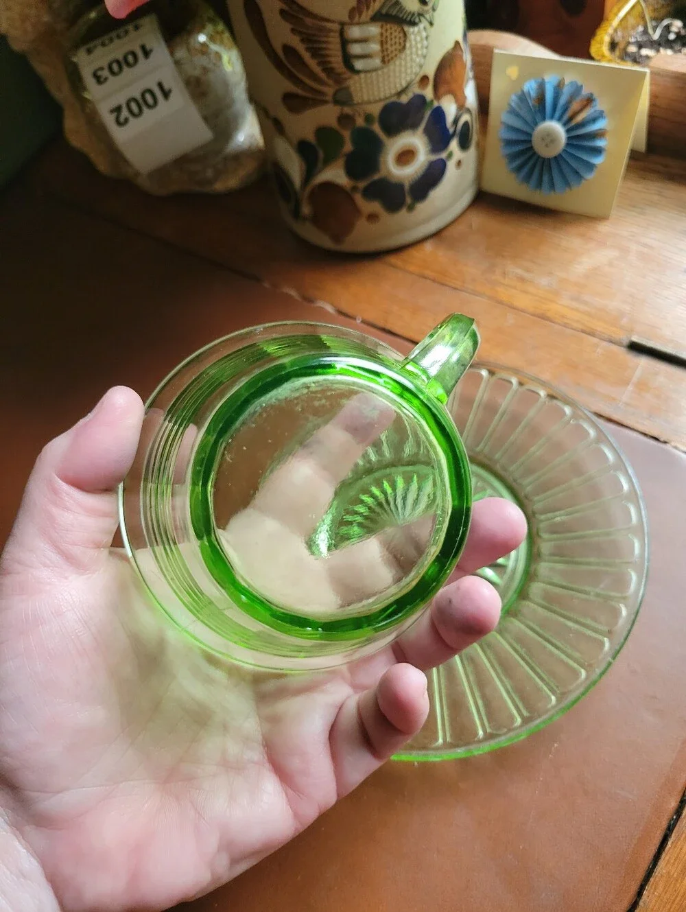 Uranium Glass Vintage Tea Cup Saucer Set Green Depression Glass